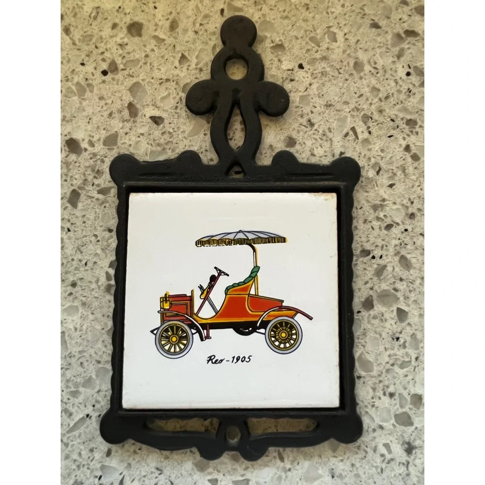 Vintage San-Huan Cast Iron Ceramic Tile Trivets Set 4 Antique Cars Wall Decor